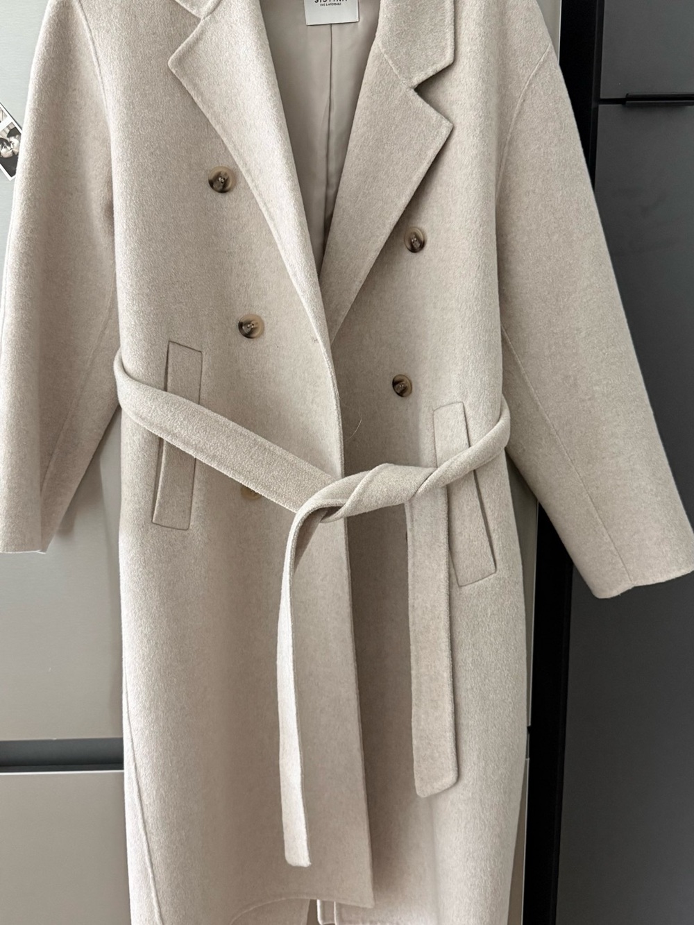 Wool Blend Double-Breasted Belted Pea Coat - Cream